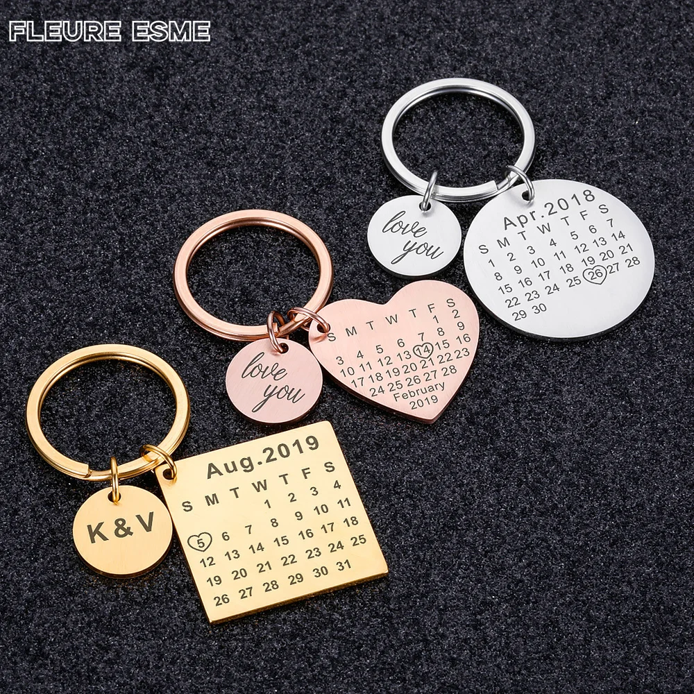 Personalized Calendar Keychain Engraved Custom Date Stainless Steel Keyring Wedding Anniversary Gift For Boyfriend Girlfriend