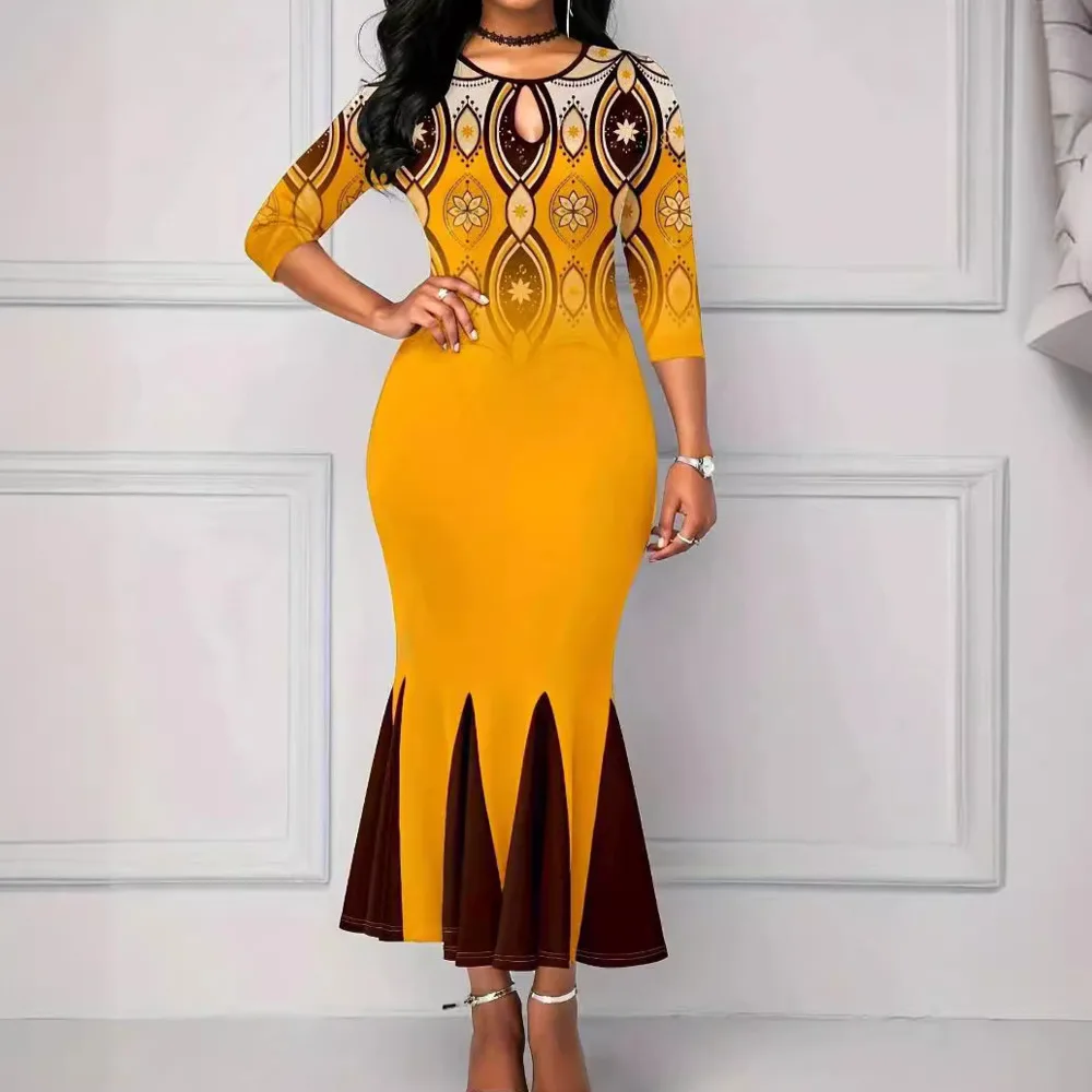 Женское облегающее платье с круглым вырезом Элегантное черно-оранжевое в стиле