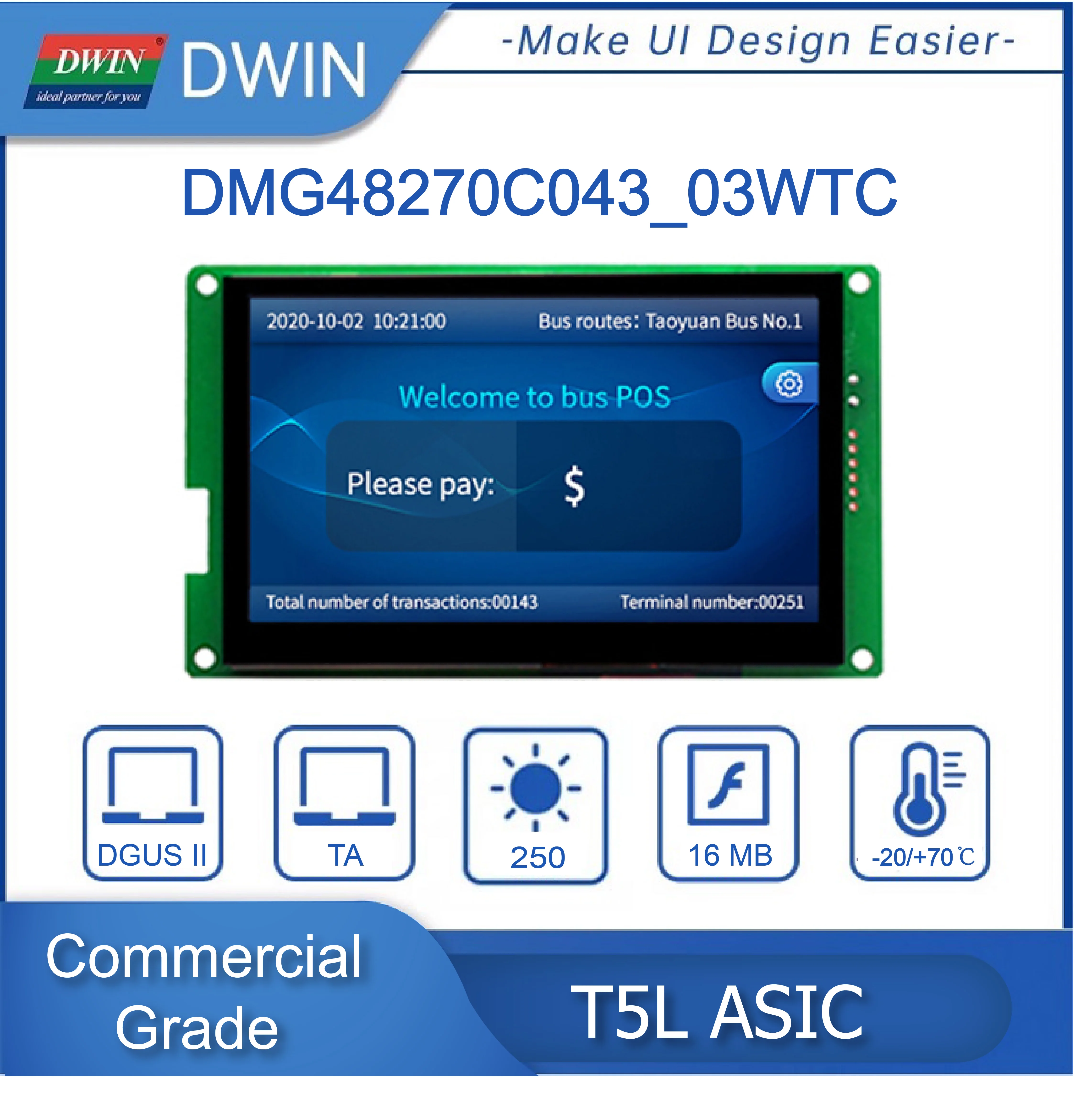DWIN 4.3-inch 480x272 16.7M colors CTP RTP UART Serial Port Touch Display Module for Arduino