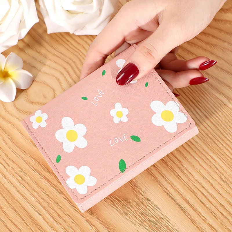 Women's Short Wallet Cute Student FlowersTrend Small Fashion Three-fold  Coin Purse Ladies Card Bag