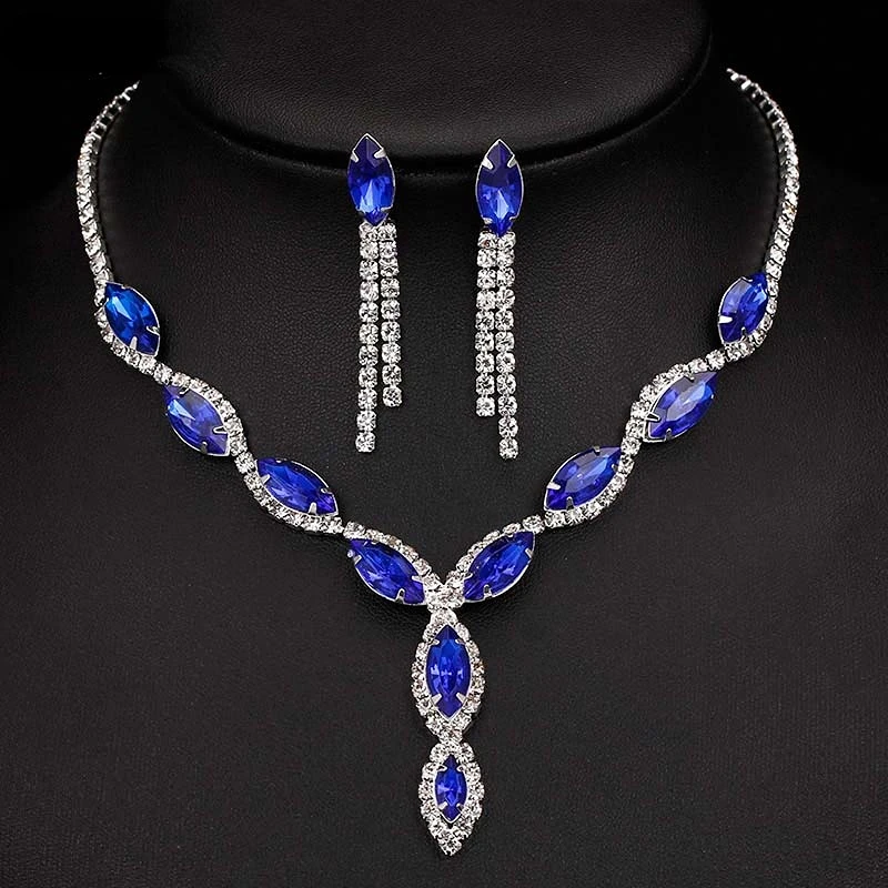 

Fashion Blue Red Green Crystal Prom Wedding Jewelry Set Women Accessories Flower Tassel Necklace Earrings Bridal Jewelry Set