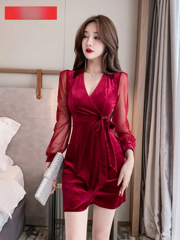 Ночной магазин Сексуальные платья для женщин с длинным рукавом Золотой бархат Slim