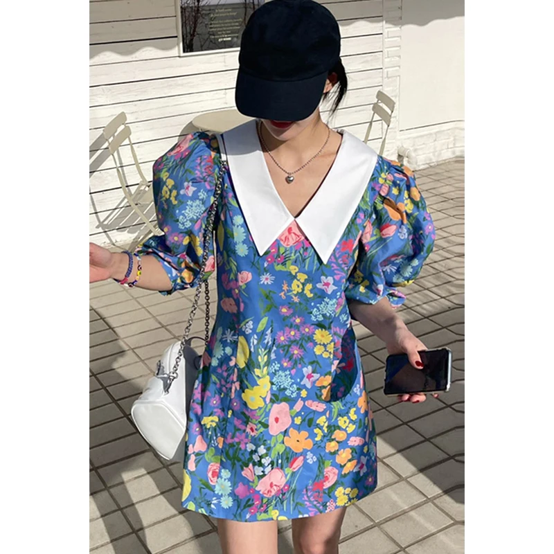 

2022 New Fashion Summer Women Dress Korean Peter Pan Collar Puff Sleeve Dresses Vintage Print Slim Office Lady Vestidos Femme