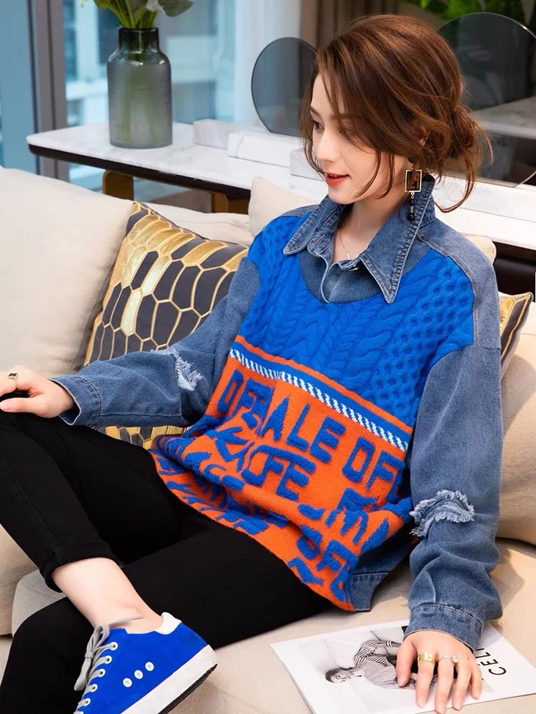 

Ladies Autumn and Winter Sweater New Fake Two-piece Denim Shirt Sweater Stitching Female Foreign Style Hole Loose Lazy Wind Top
