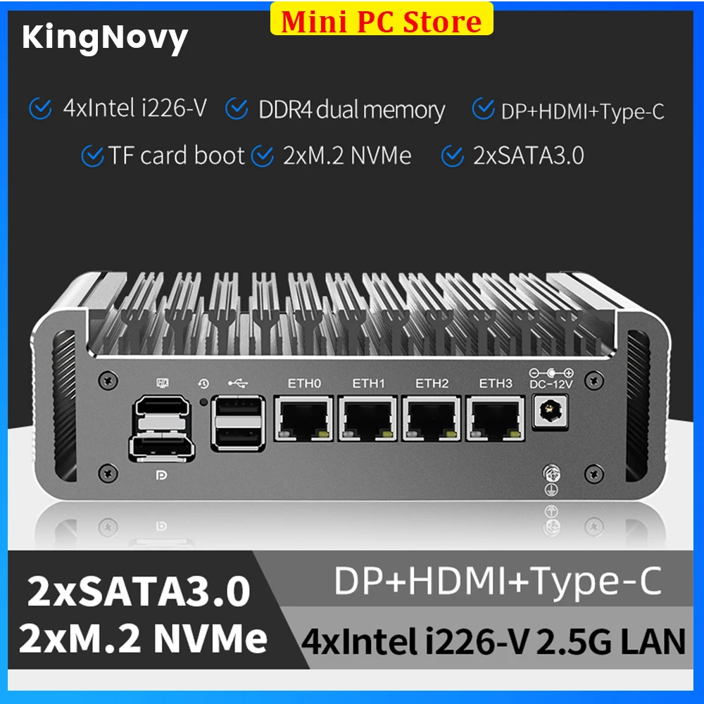 

Безвентиляторный мягкий маршрутизатор 12-го поколения Intel Celeron J6413 4x i226-V 2,5G LAN 2 * NVMe 2 * SATA брандмауэр мини-ПК Proxmox компьютер