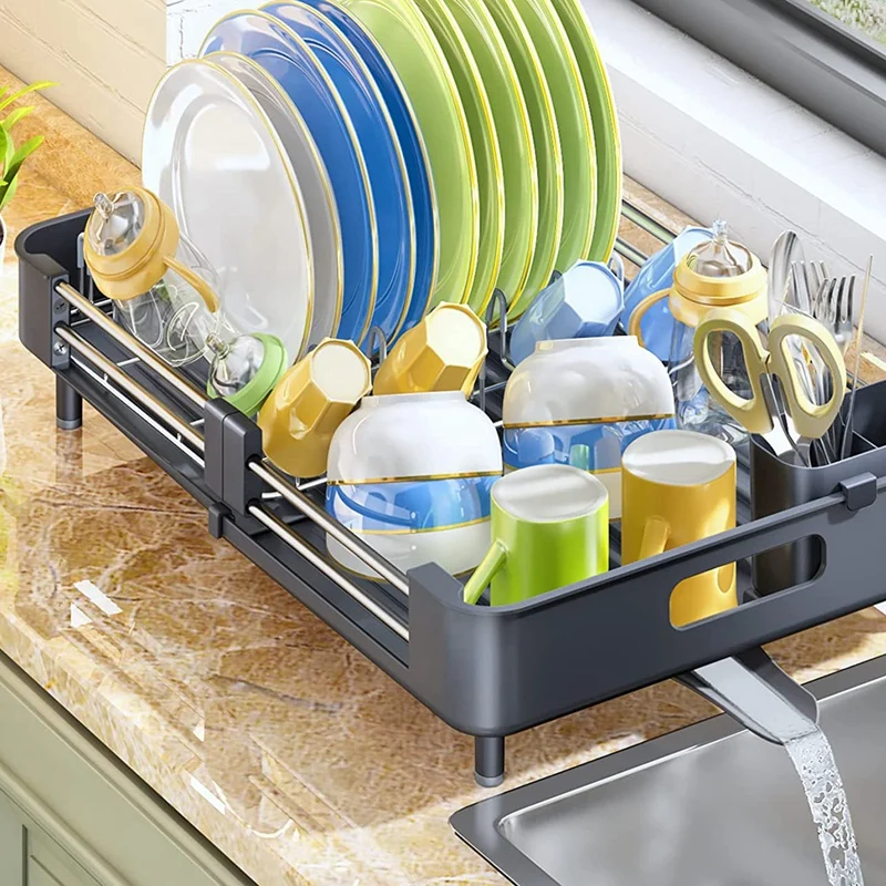 

Dish Drying Rack, Kitchen Counter Dish Drainers Rack, Auto-Drain Expandable Strainers Over Sink Drying Rack Drainboard