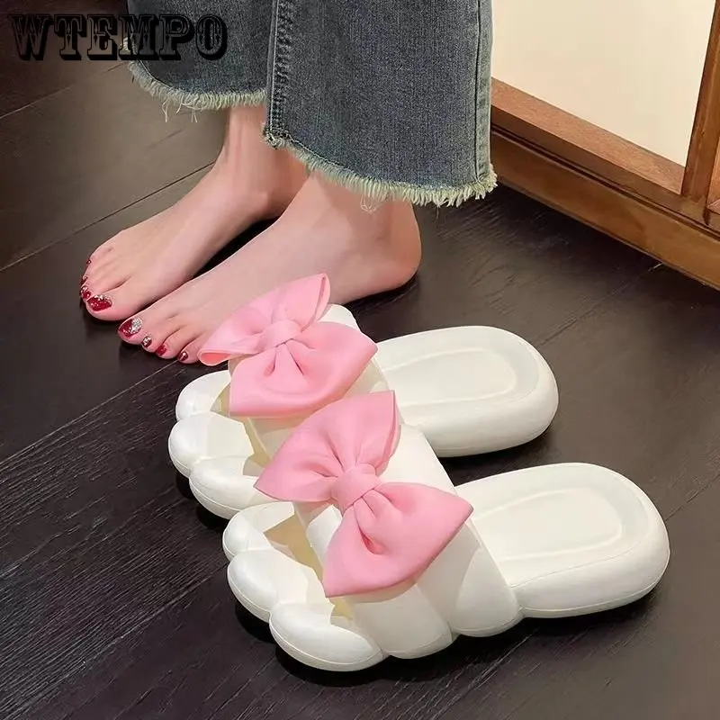 WTEMPO Women's Slippers Cute Bow Decorated Foot Shaped Slides 2023 Summer Fashion Thick Sole Soft Outdoor Sandals Wholesale