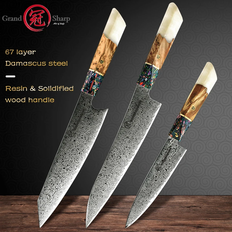 

1-3 Pcs Japanese Damascus Steel Kitchen Knife Sets AUS-10 Steel Chef Utility Kiritsuke Knives Meat Slicing Tools Grandsharp
