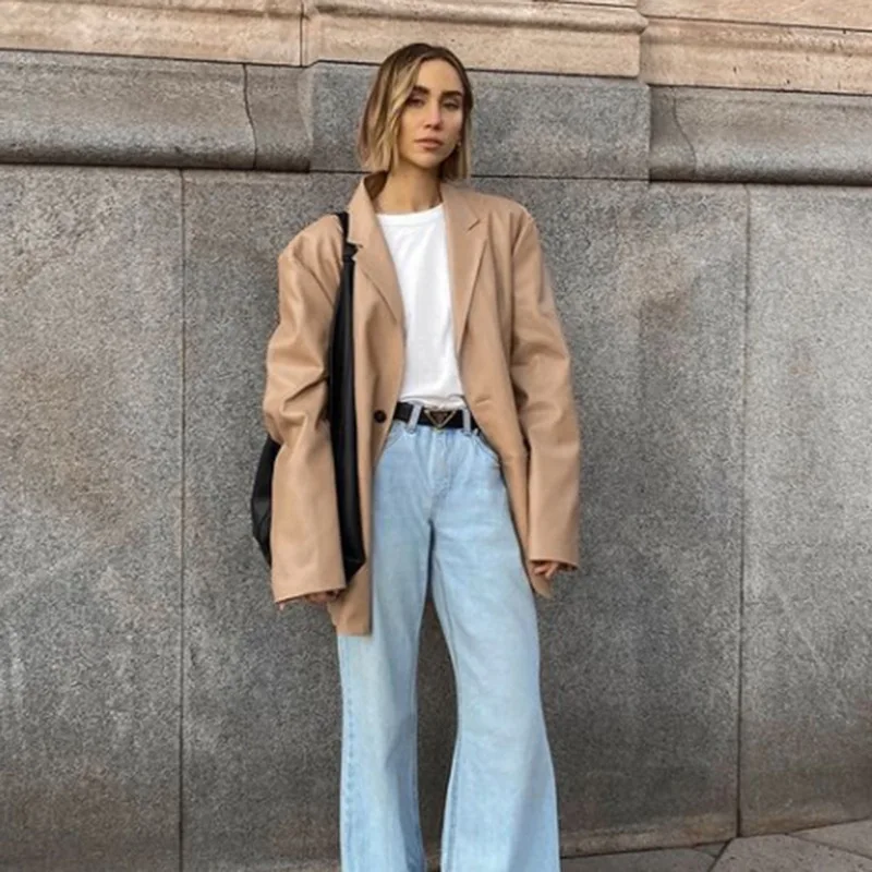 Women's New  Fashion Imitation Leather Suit Collar Single-breasted Temperament Long-sleeved Pu Jacket Leather Jacket Women