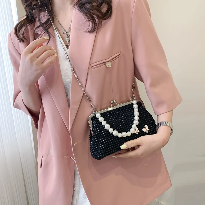 

2023 Pearl handle Handbags For Women Metallic butterfly ornament Women Shouder Bag Diamond Wedding Evening Clutch Crossbody Bag