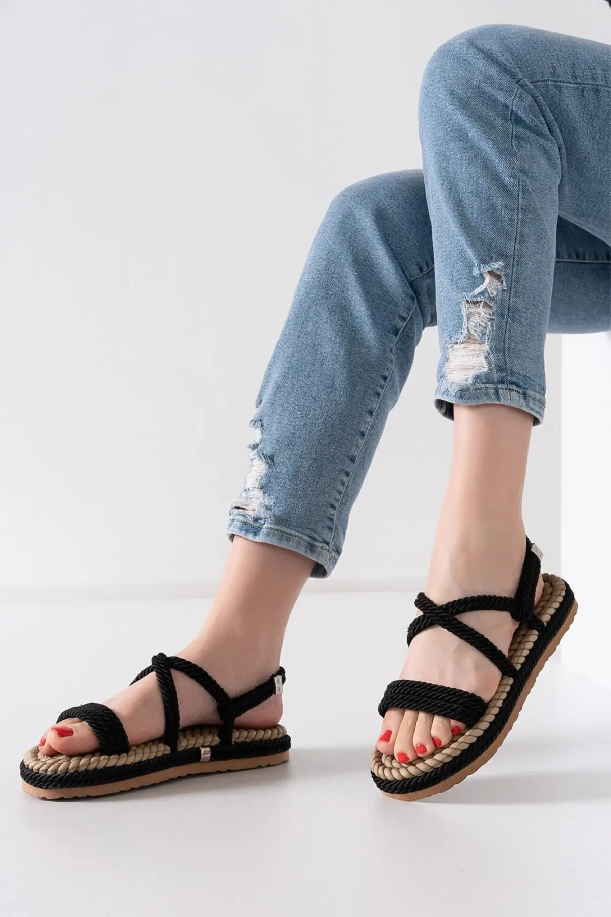 

Women Sandals Black Rope Flat Drawstring 2022 New Summer Comfort Breathable Casual Quality Ladies Fashion Sandals