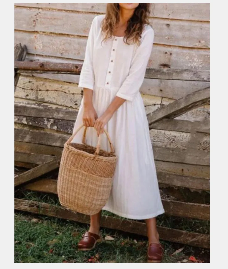 

2022 Spring cotton linen white dress Women A-line maxi button o-neck 3/4 sleeve casual vestido Female Clothes 3XL Robe