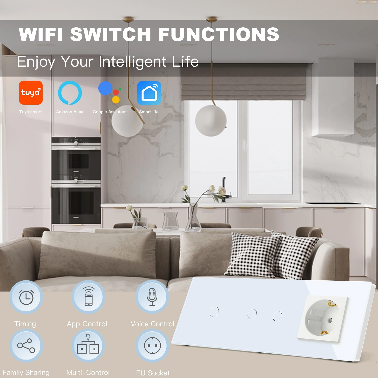 Фото Настенная розетка BSEED с Wi-Fi, два переключателя, 1/2 клавиши, 1/2/3 канала, с обычной розеткой европейского стандарта, умная жизнь, управление через приложение Google Alexa №2