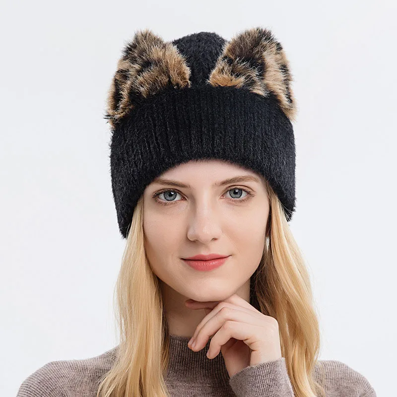 

Women Plush Leopard Ear Knitted Hat Winter Warm Outdoor Earmuffs Cap High Quality Wool Beanies Bonnet Retro Elastic Ski Skullcap