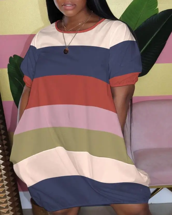 

Casual Dresses for Women 2023 Summer Striped Colorblock Short Sleeve Round Neck Mini Dress Fashion OTTD