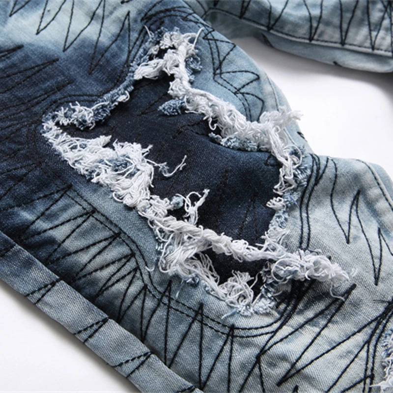 Новинка 2024 модные мужские джинсы с вышивкой в стиле панк рваные зауженные