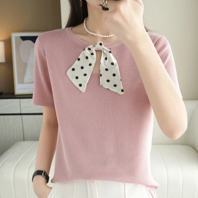 

Летняя новая Стильная трикотажная футболка из чистого хлопка с воротником-бантом и цветными блокировками, Свободный Топ с коротким рукавом