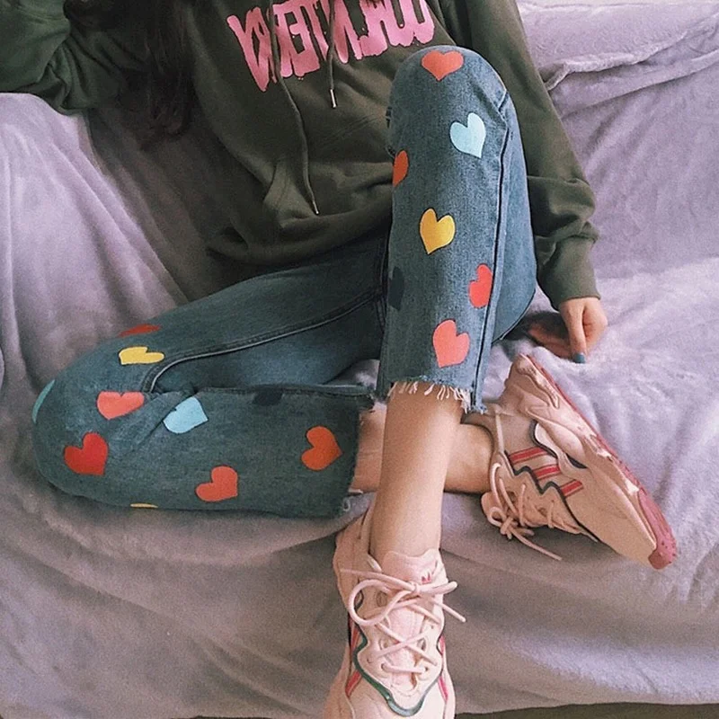 Colorful Heart Print Jeans Harajuku Mom Jeans High Waisted Denim Pants Women Autumn Winter Blue Baggy Trousers 90s Streetwears