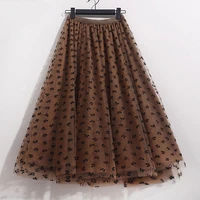 vintage tulle skirt women elastic high waist mesh skirts a line long pleated tutu skirt female jupe longue