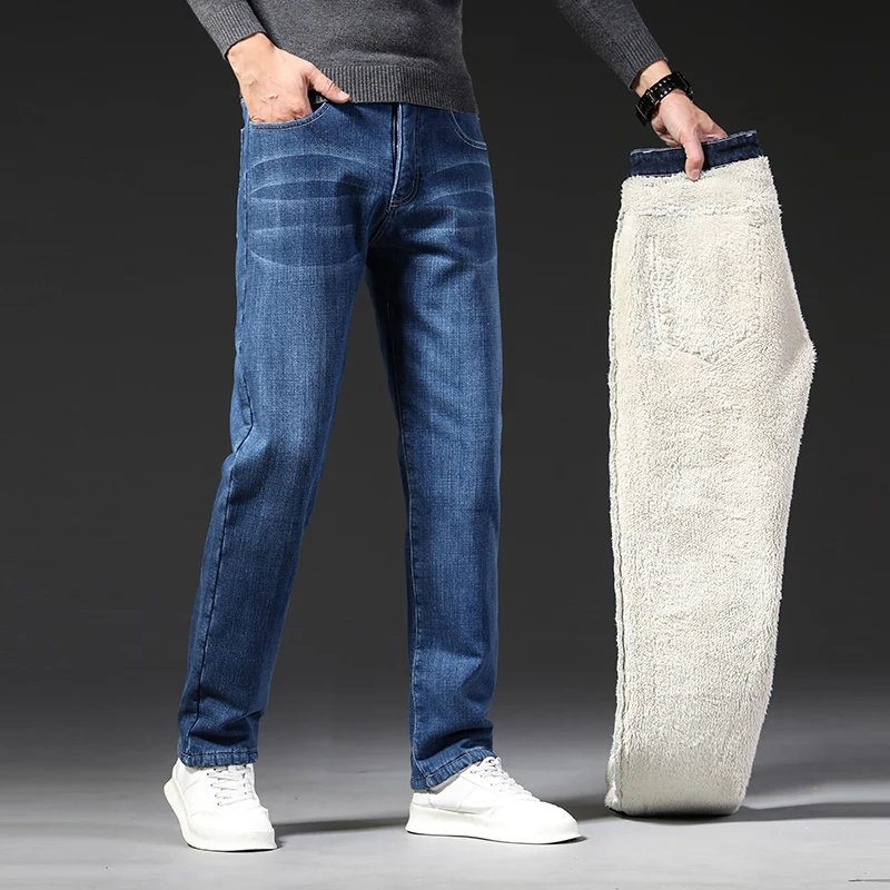 Winter Business Fashion Thicken Denim Trousers Fleece Stretch New Men's Warm Regular Fit Jeans  Brand Pants Black Blue