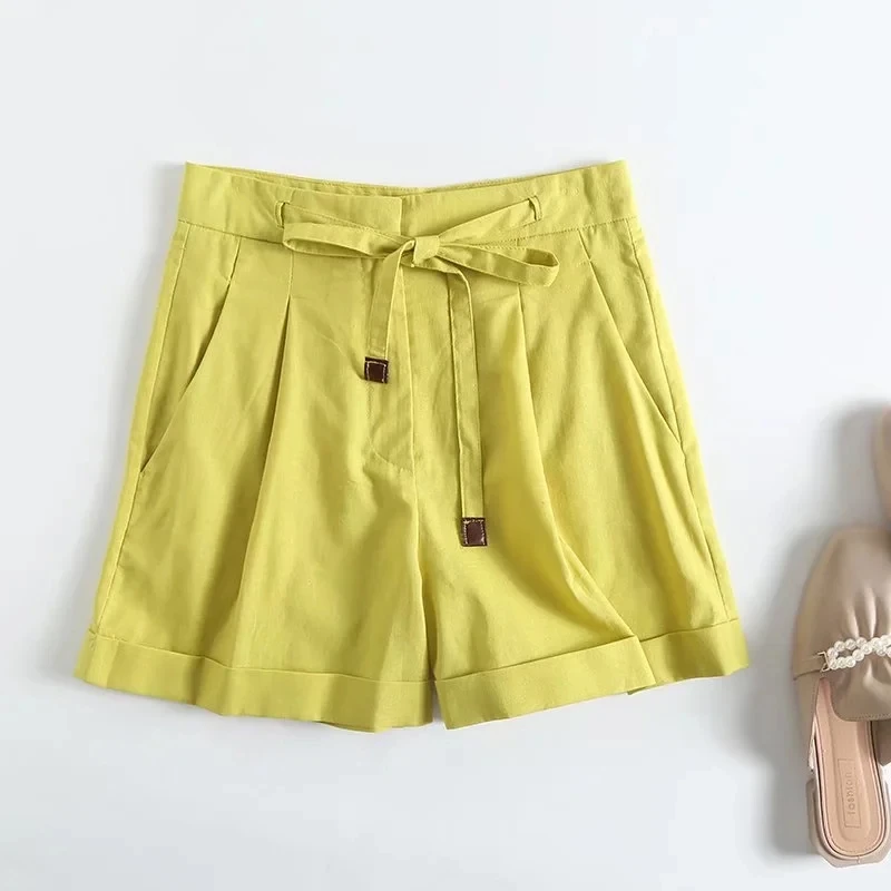 Dave&Di Pleated Medium Wasit Loose Bermuda Linen Cotton Shorts Women England Style Fashion Shorts Casual Shorts Sashes