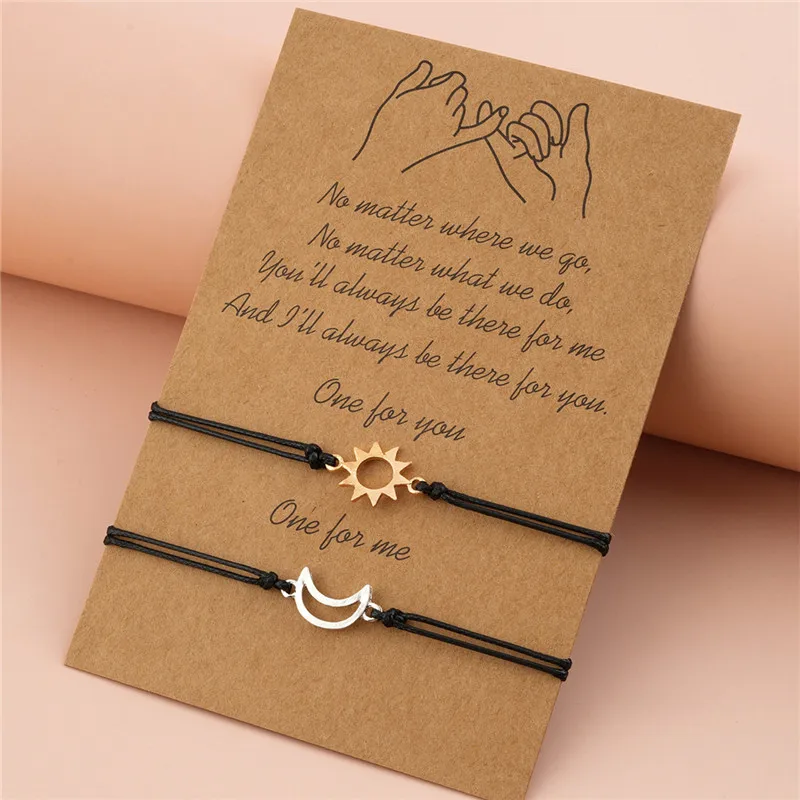 

2Pcs Couple Bracelet for Lover Sun Moon Star Heart Handmade Braided Rope Valentines Day Gift for Girlfriend Boyfriend Presents
