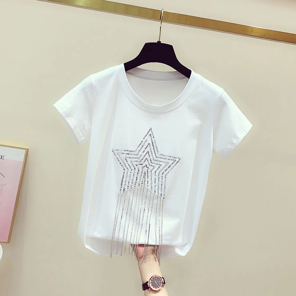 

3D Chain tassel T Shirt Women 2022 100% Cotton Short Sleeve T-Shirt Summer Ladies Tops Woman Clothes Tee T Shirt Femme