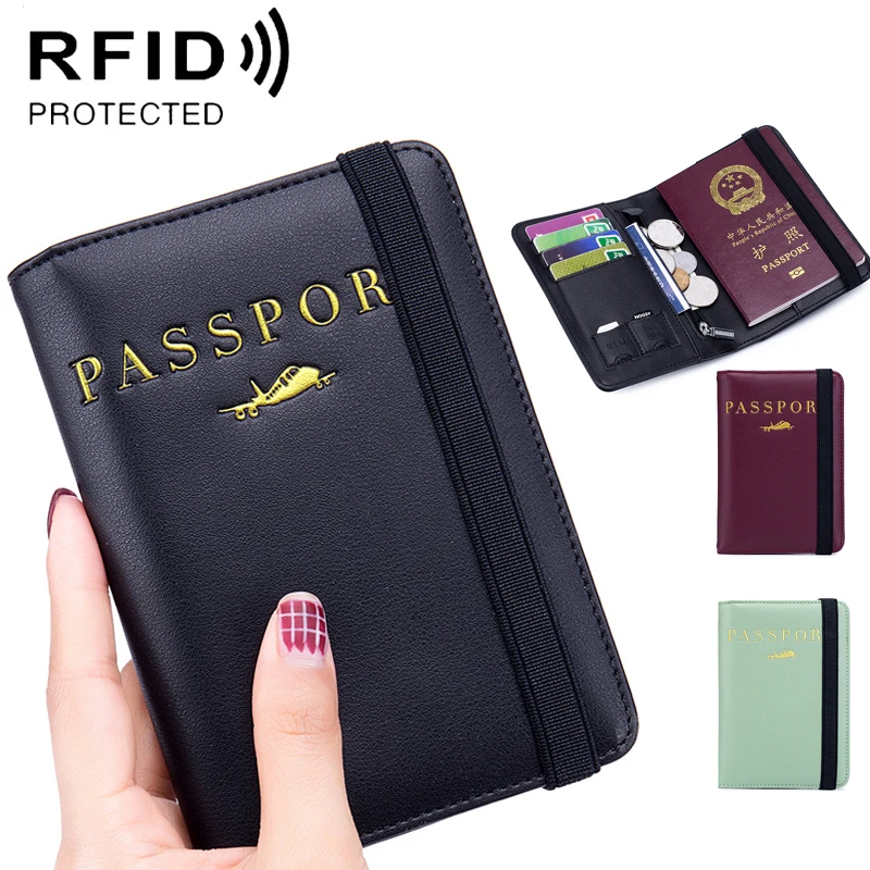Leather RFID Blocking Passport Holder with Elastic Strap Cowhide Travel Wallets Protector Cover Case Card Holder for Men/Women