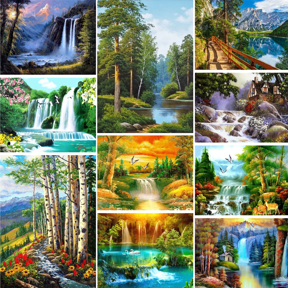 Landscape Small Waterfall Pre-Printed Cross Stitch DIY Embroidery Patterns Handmade Hobby Knitting Handicraft Sales Gift Magic