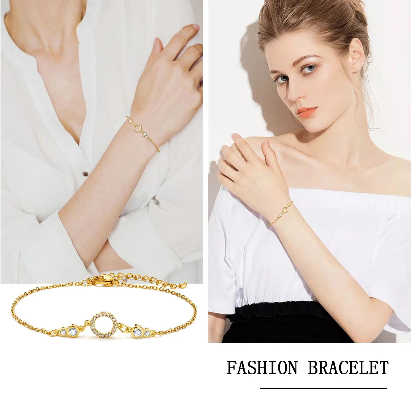 

Fashion Bracelet Bezel Setting Cubic Zirconia, Gold color Stainless Steel CZ Stone Geometric Chain Bracelets For Women