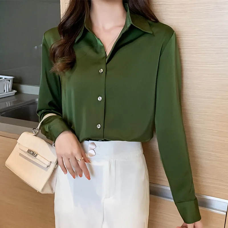 

Fashion Silk Shirt Women Long Sleeve Shirts Women White Shirt Woman Silk Blouse Tops Casual Solid Basic Shirts Blouses