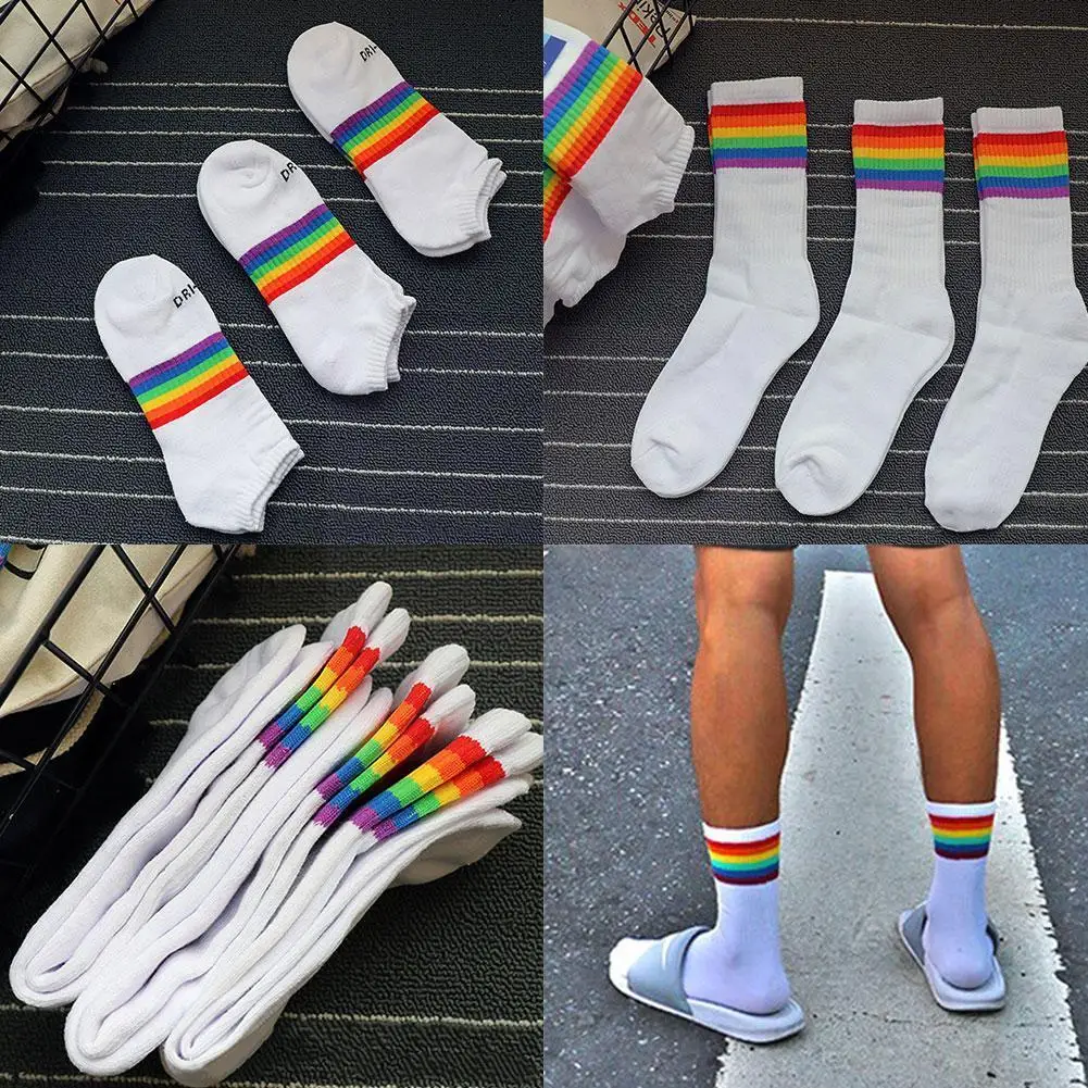 

5pairs Rainbow Stripes In Long Sports Socks Thick Sweat Absorbent Socks Deodorant Cotton C0H6