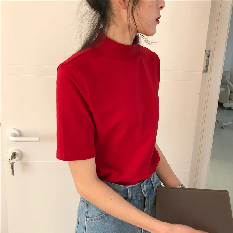 

2023 Women Black Clothes Solid T-shirts Summer Turtleneck Tops Tees Y2K Harajuku Stretch Loose T Shirt Female Mujer T001