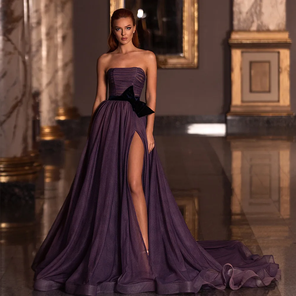 

Purple Evening Dresses Strapless Tullle A Line High Side Split Prom Dress Cocktail Party Gowns Vestidos De Novia