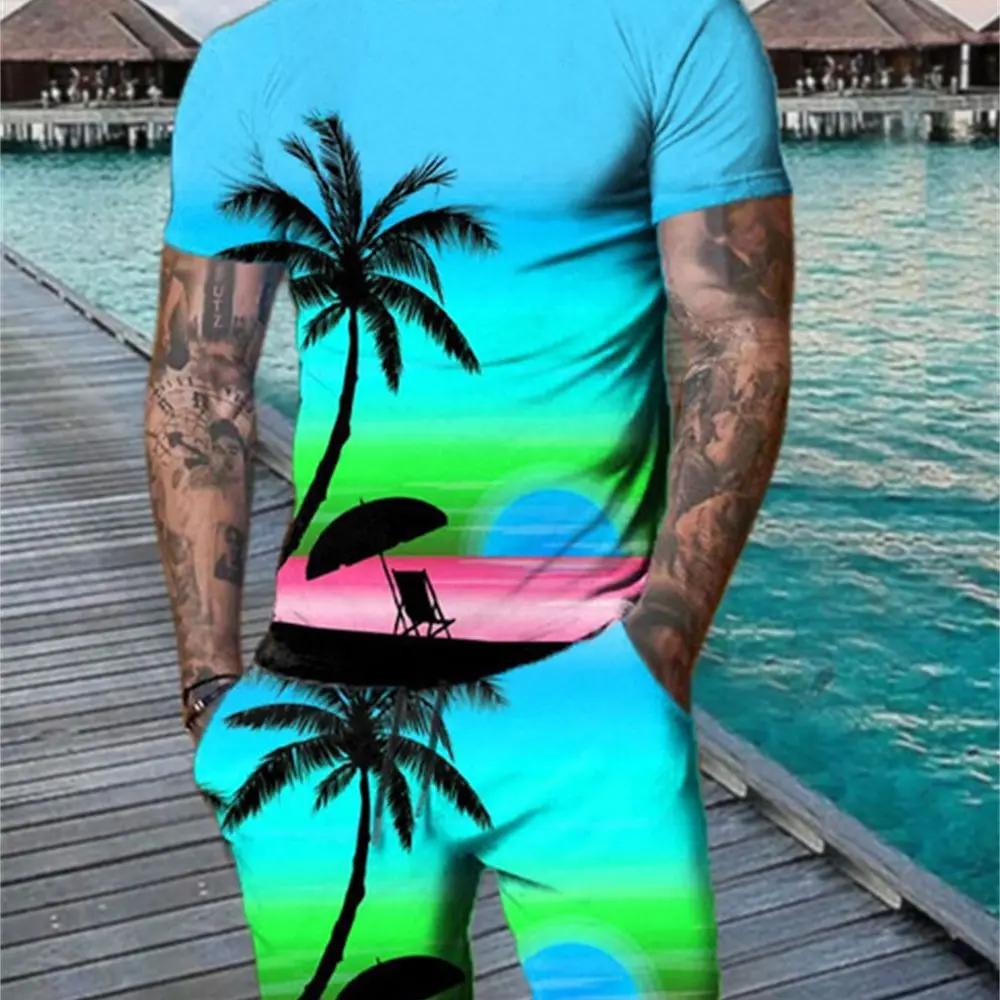 

Men's Summer Short Sleeve Set 3D Coconut Tree Beach Resort Style Printed T-shirt Shorts Two Piece Set of Fashion Outdoor Wear