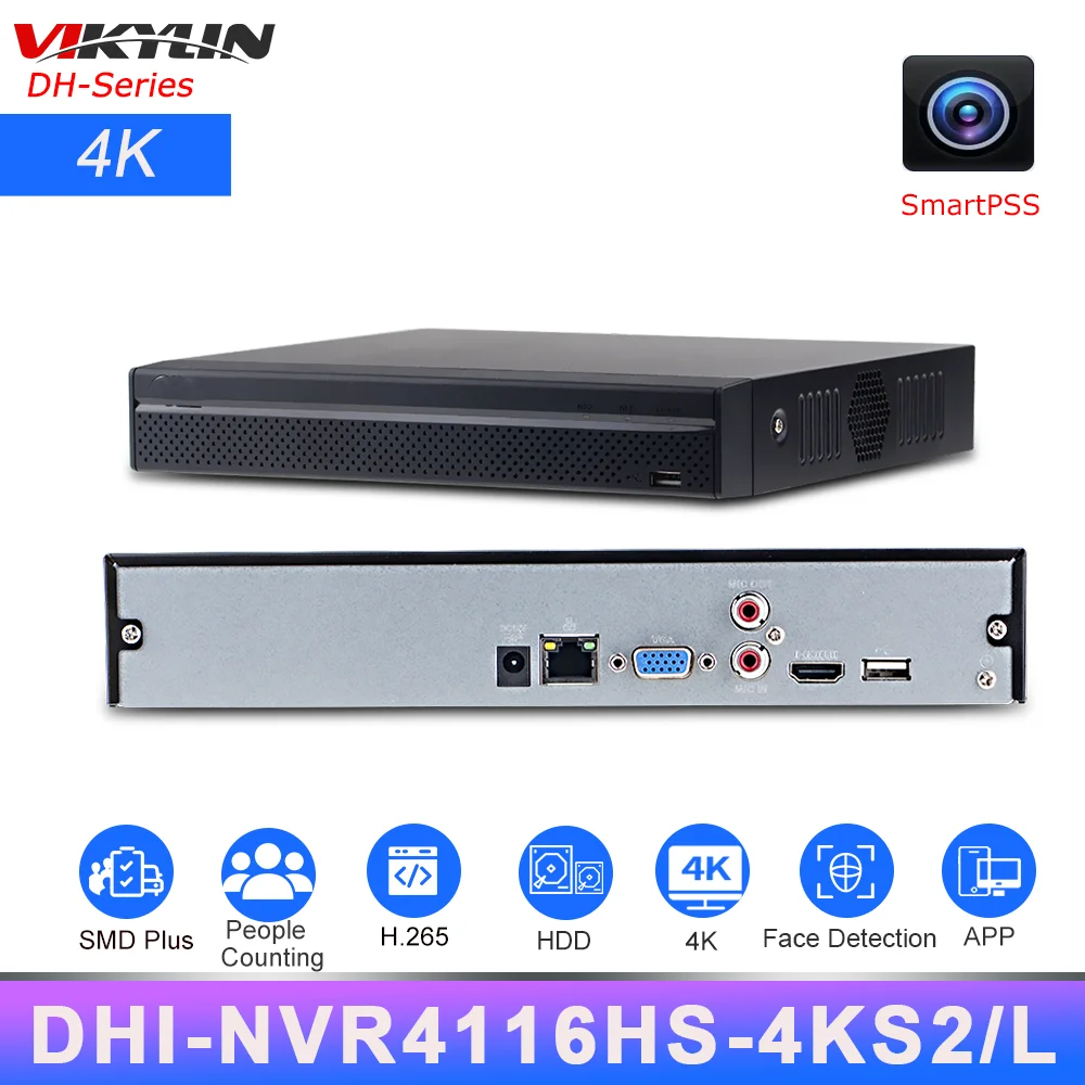 

Vikylin Dahua 4K 16CH NVR DHI-NVR4116HS-4KS2/L HDD AI by Camera Face detection IVS people counting SMD Network Video Recorder
