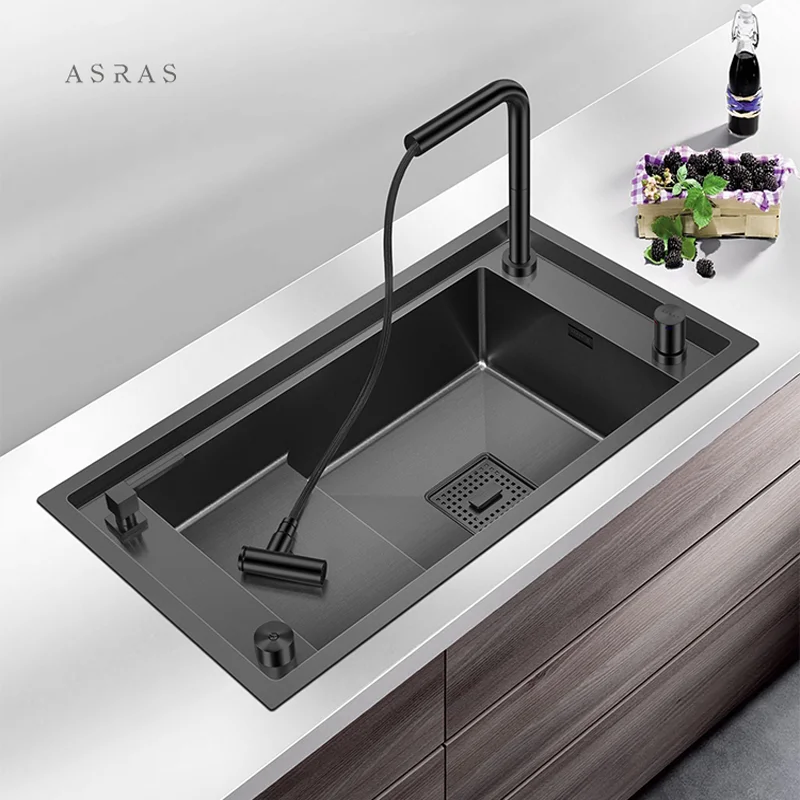 Матовая Черная кухонная раковина ASRAS -8345NJ SUS304 из нержавеющей стали, одинарная раковина с выдвижным краном, большая раковина с нанотехнологи...