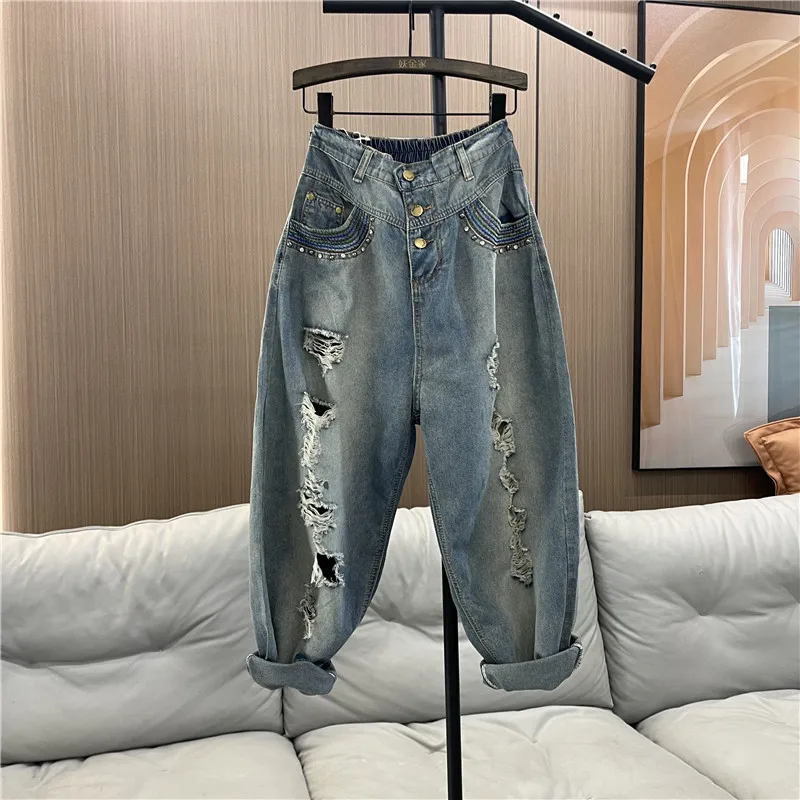 European Goods Hip Hop Ripped Jeans for Women 2023 Spring Summer New High Waist Embroidery Loose Oversize Cropped Harem Pants