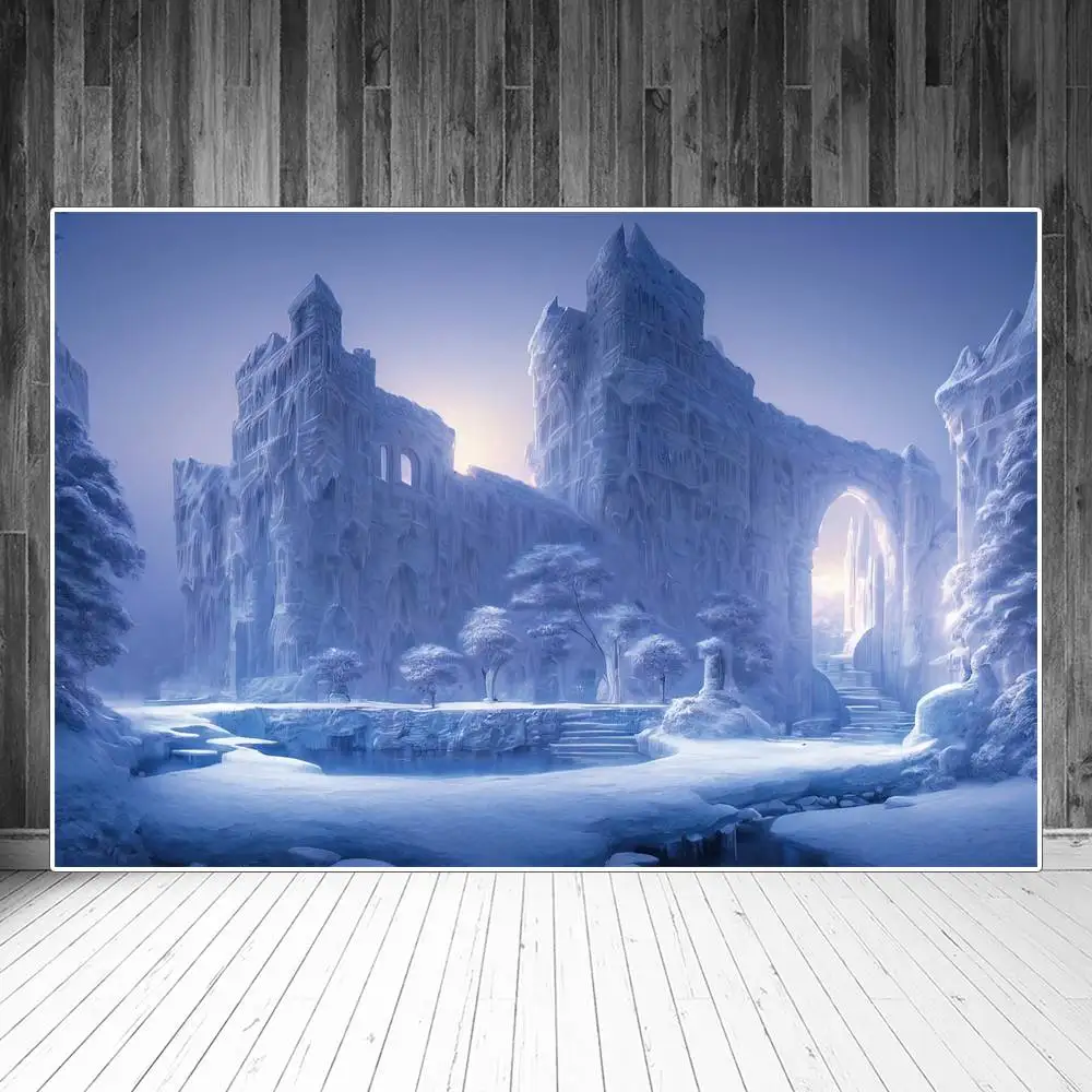 

Frozen Window Ancient Castle Backdrops Photography Party Decors Snowy Lake Trees Mountain Personalized Baby Photozone Background