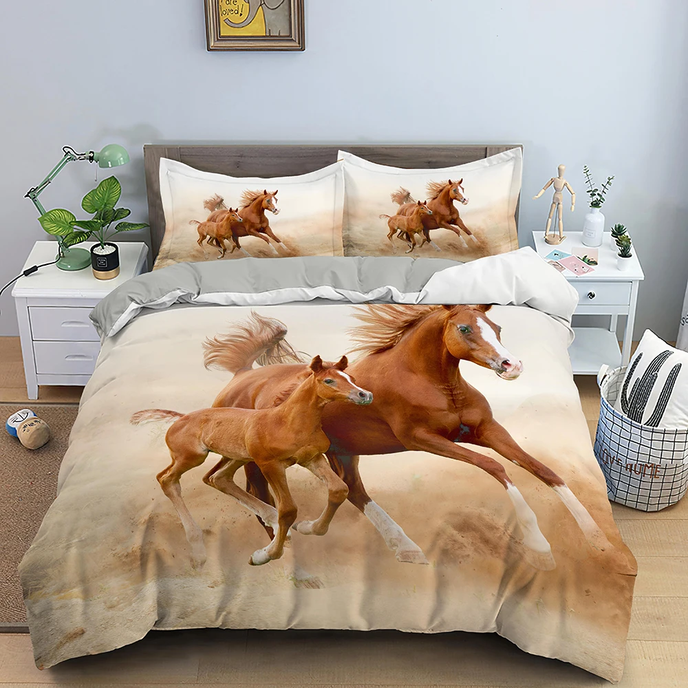 

King Size Quilt Cover And Pillowcase Horse Bedding Set 3D Polyester Bedclothes Galloping Horse Print Quilt Cover
