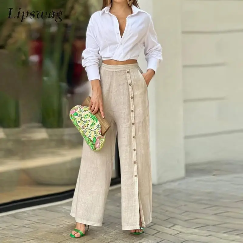 

Commuter Fashion Cotton Linen Set Elegant Turndown Collar Shirt Tops And Side Button High Waist Pants Outfits Women Casual Suits