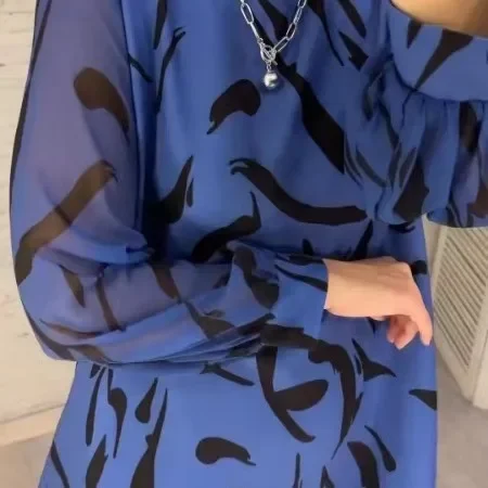 Женское весенне-летнее платье с цветным принтом и длинным рукавом круглым