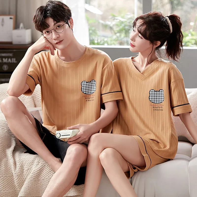 Summer Couple Pjs Korean Big Boys Pyjamas Knitted Mens Pajamas Sets Matching Sleepwear Nightwear Loungewear pijamas para parejas