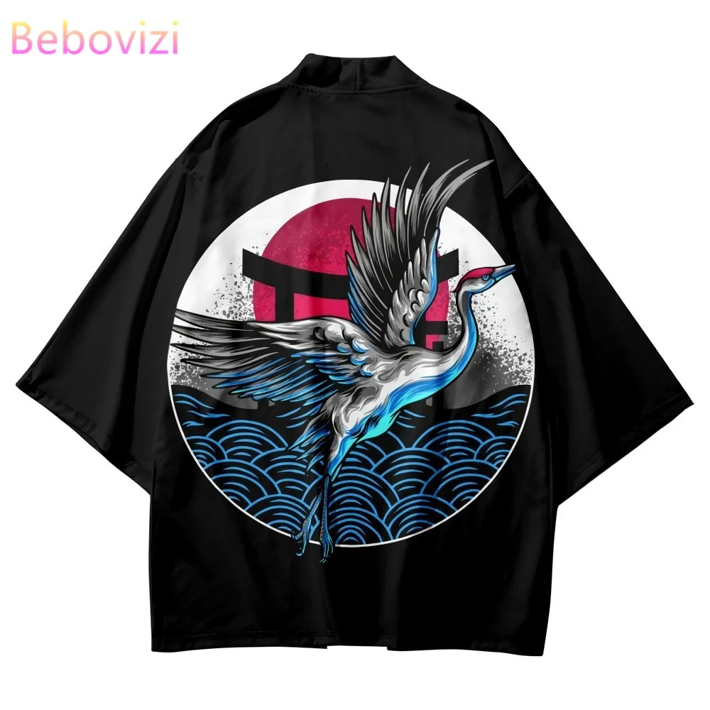 

Streetwear 6XL wave crane Print Traditional clothing Japanese Cardigan Men Women Beach oversized Kimono cosplay Haori Yukata
