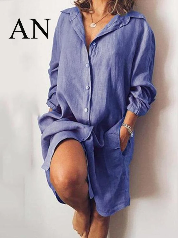 Женское длинное платье-рубашка с двойным карманом свободное однотонное