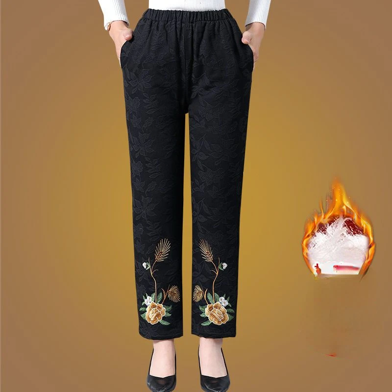 

2023 Women Autumn Winter New Middle-aged Print Trousers Female High Waist Straight Pants Ladies Casual Cotton Padded Pants T12