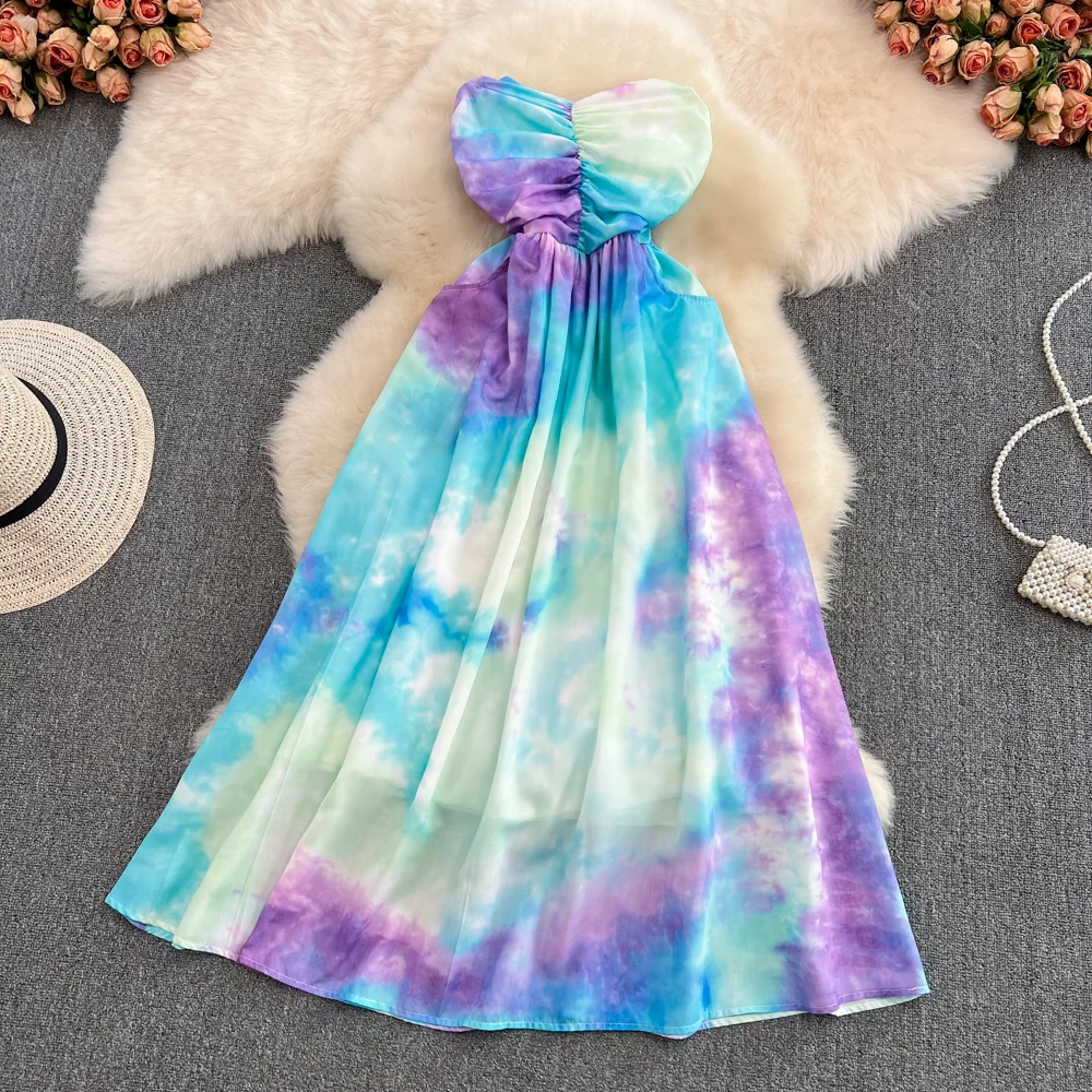

French Elegant Tie Dye Print Holiday Dress Summer Women Strapless Sleeveless Slim High Waist A-line Beach Party Dress Vestidos
