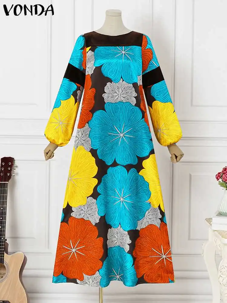 Plus Size 5XL VONDA Bohemian Maxi Dress 2023 Women Long Lantern Sleeve Floral Printed Vintage Sundress Casual Loose Party Robe
