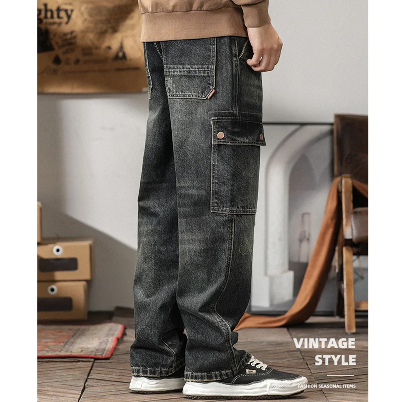Streetwear Men 2022 New Pattern Vintage Recreational Blue Black Jeans Loose Straight Cylinder Broad Leg Trousers Autumn Female