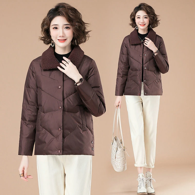 Winter Thin Down Jacket Women's Light Weight Cropped Puffy Jacket Warm Thick Single Breasted Parkas Casual Lamb Collar Outwear